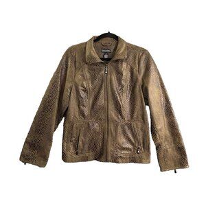 DIALOGUE Women Faux Leather Snakeskin Short Bomber Coat Size S Brown Stylish C-6